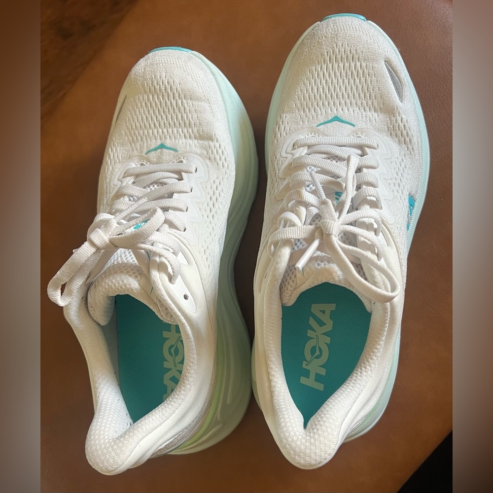 Hoka Women's Bondi 8 White and Teal Running Shoes
